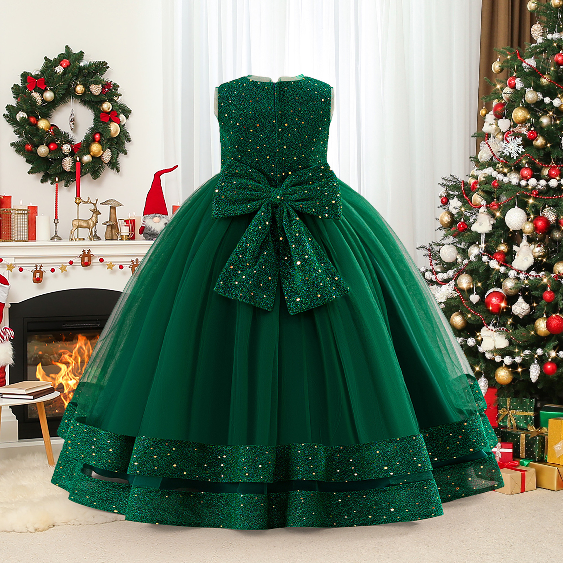 Nuevo vestido de noche de niñas transfronterizas vestido de princesa de navidad vestido de presentación vestido de arco de sequillas