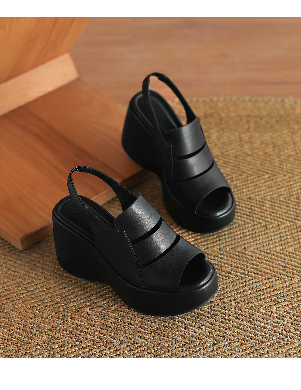 Sandal nữ đế xuồng cao gót da thật phong cách La Mã, gót 9 cm — đen, Màu trắng nhạt chi tiết 17