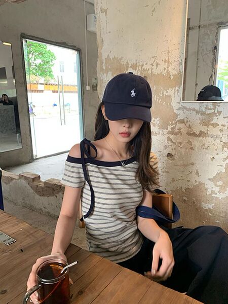 Navy striped slanted shoulder short-sleeved T-shirt for women in…