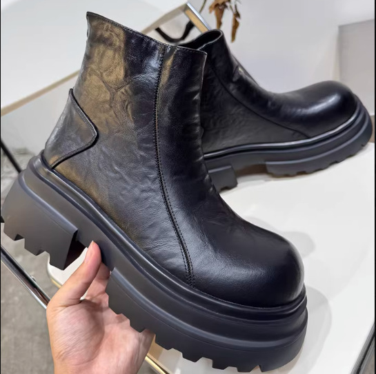 Heel Zipper Cowhide Martin Boots Chelsea Boots Large Toe Thick-Soled Leather Shoes Men's High-Top Winter Shoes