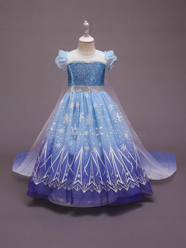 クロスボーダー アナと雪の女王 エルサ プリンセスドレス ガールズ 半袖 スパンコール ドレス ヨーロッパとアメリカのメッシュマント 取り外し可能|undefined