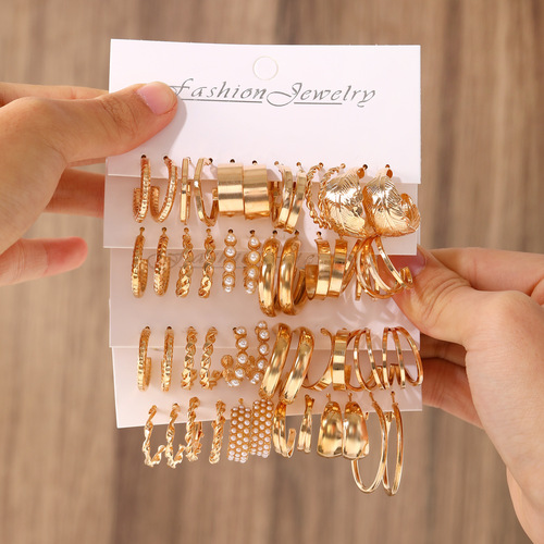 跨境几何耳环套装女时尚珍珠耳圈耳饰卡装合金耳环earrings set