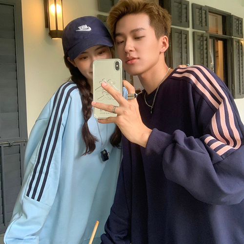 Three Stripes Hoodie for Women 2024 Spring and Autumn Couple's Fashion Ins Loose Korean Style Round Neck Mid-Length Top for Women Wholesale