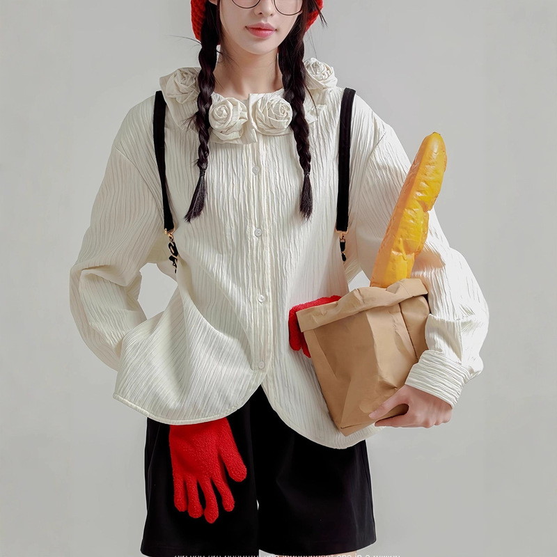 Rose under the Moon Original Design White Shirt Women's Autum Loose Niche Long-Sleeved Top