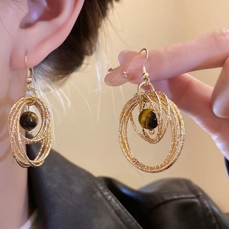 Tiger's Eye Stone Multi-Layer Circle Earrings, High-End Luxury Ear Hooks, Retro Earrings, 2025 New Autumn and Winter Earrings for Women