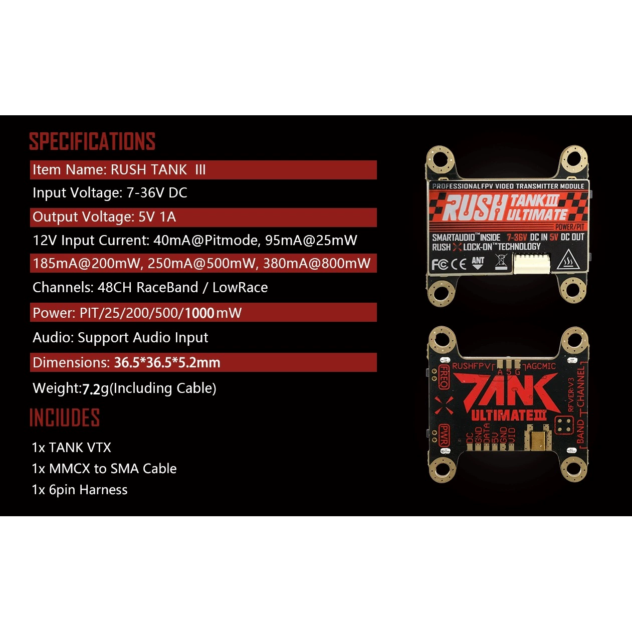 RUSHFPV TANK3 PIT/25/200/500/1000mw competitive race shuttle FPV image transmission aerial photography