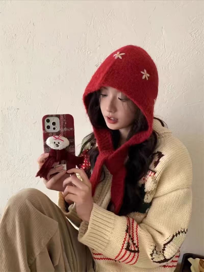 다섯장 꽃무늬 스카프 모자 [버건디]