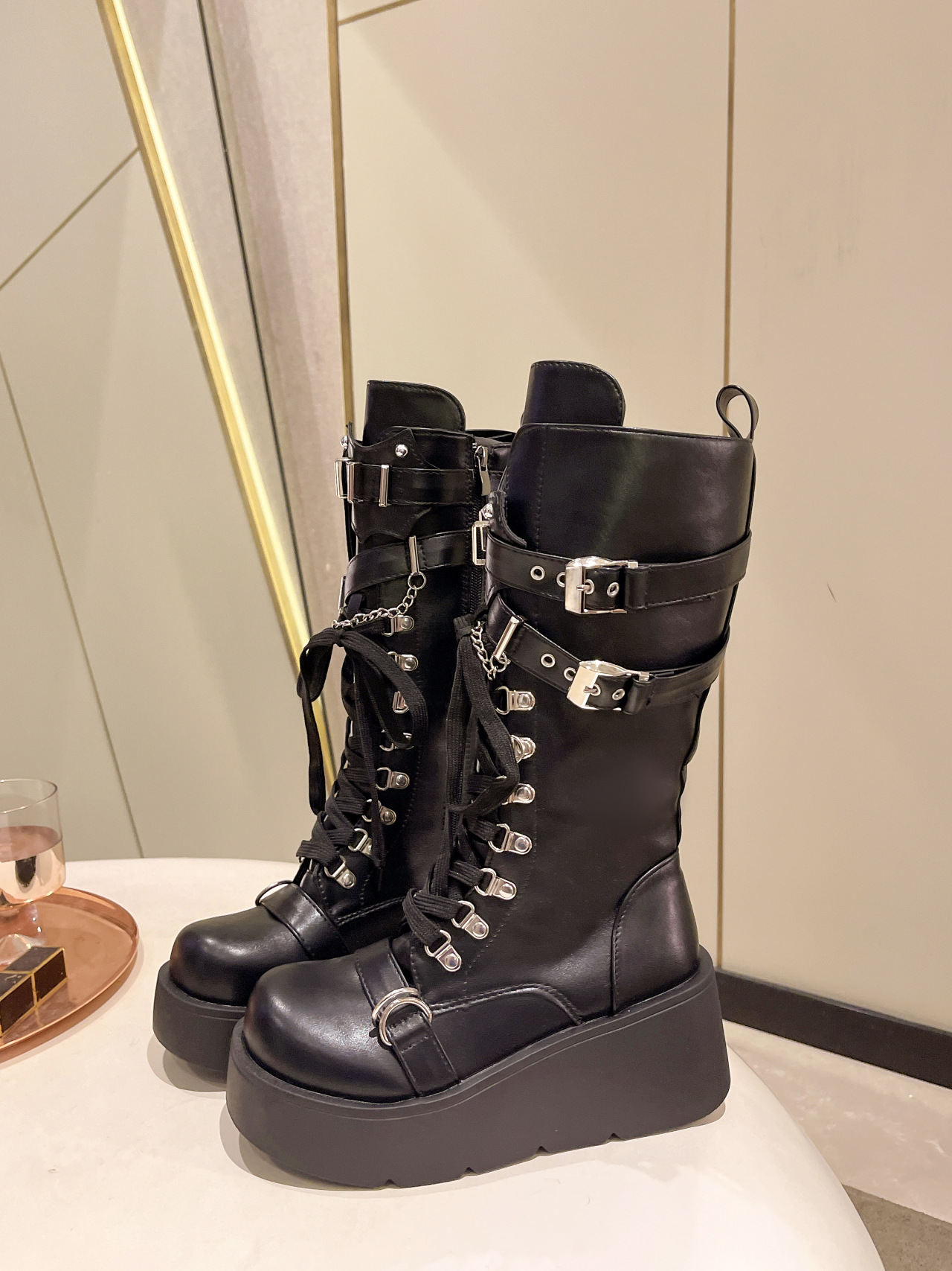 Women's Shoes rivet buckle thick heel mid tube boots women's Gothic punk style knight boots _voghion.com