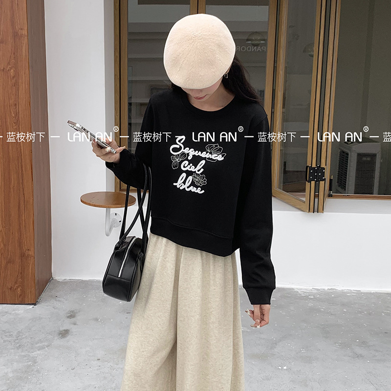 Autumn and Winter New Akihito Double-sided Cotton Niche Simple Craft Embroidery Casual Student Slim-fit Short Sweat Women's Clothing