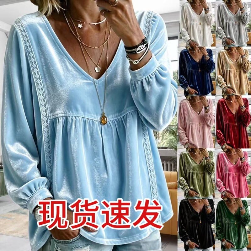 2026 Autumn Foreign Trade European and American Cross-Border New Women's Clothing V-Neck Lace Velvet Casual Loose Long-Sleeve Blouse Shirt 2026 Autumn Foreign Trade European and American Cross-Border New Women's Clothing V-Neck Lace Velvet Casual Loose Long-Sleeve Blouse Shirt