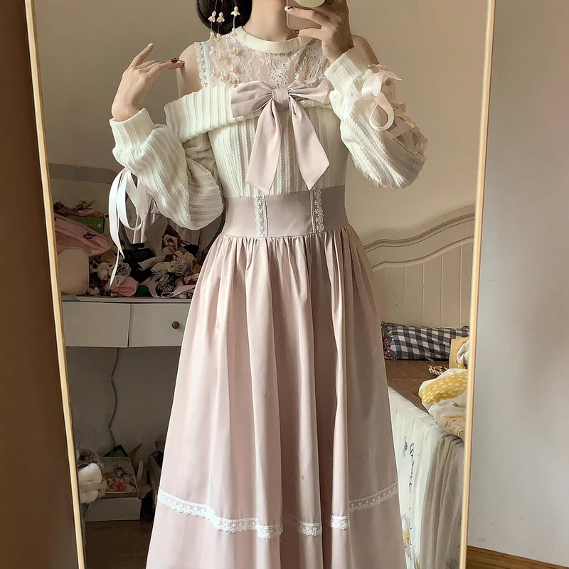 Gentle Style Off-The-Shoulder Dress for Women in Autumn, Light Pink Sweet Bow Tie Lace Waist-Cinching Cute Long Dress Trendy