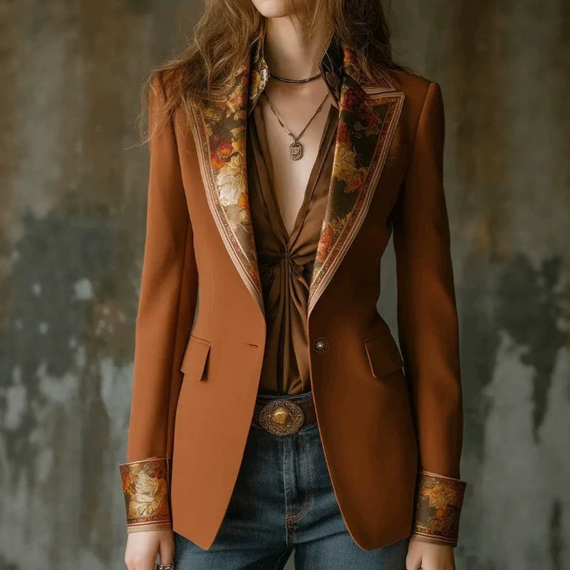 2026 cross-border new style Western retro caramel-colored jacquard light mature style lapel patchwork casual suit jacket 2026 cross-border new style Western retro caramel-colored jacquard light mature style lapel patchwork casual suit jacket