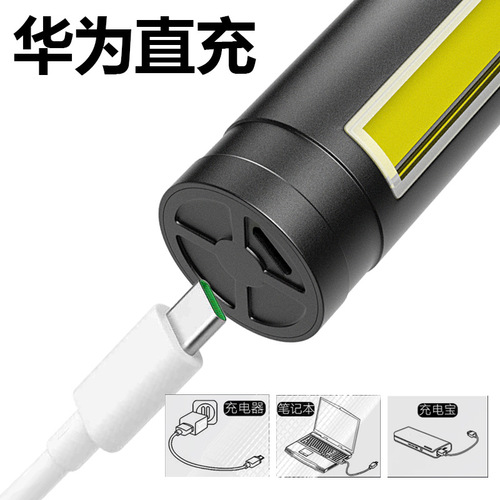 New XHP70 tactical bright flashlight aluminum light cup zoom USB charging with COB side light cross-border new model