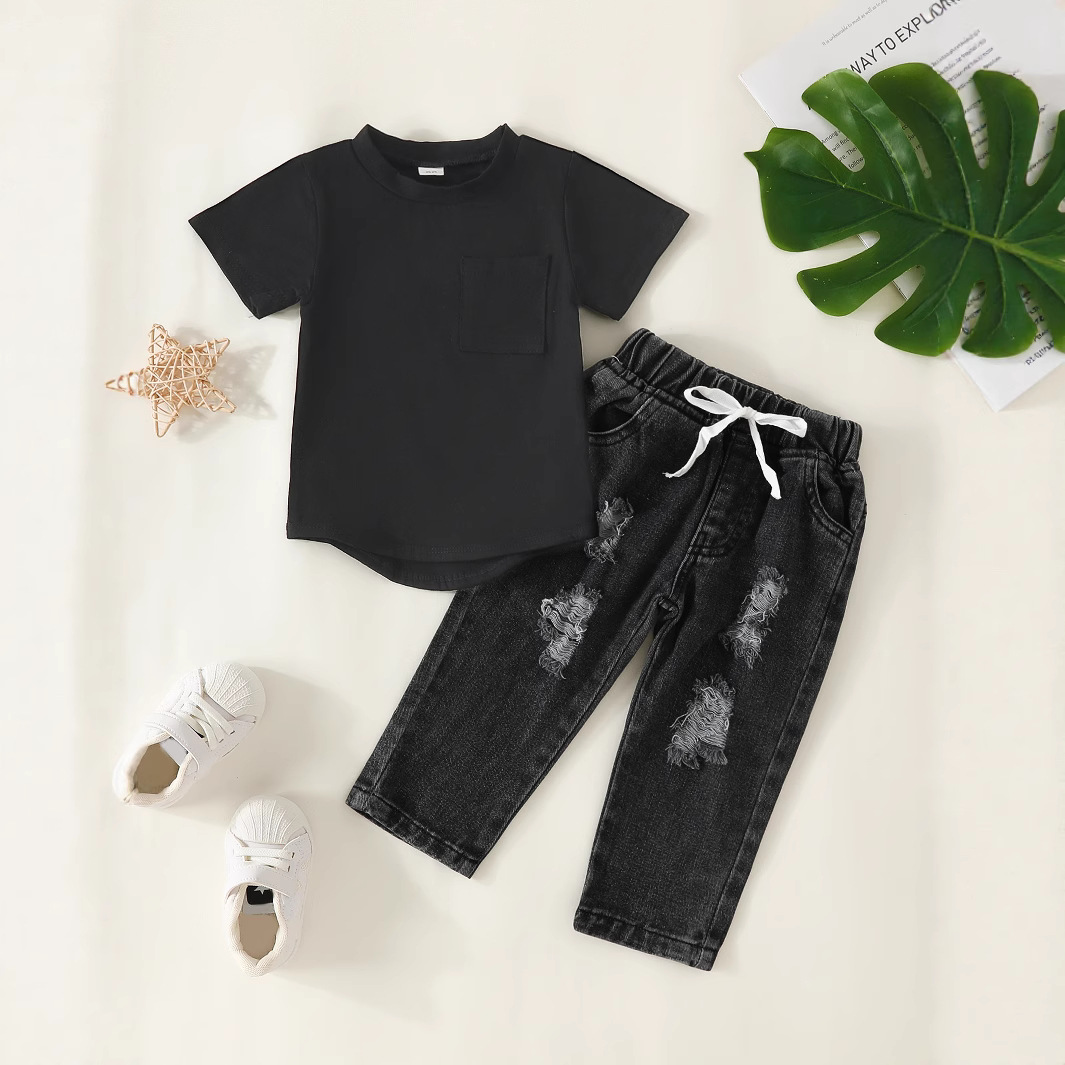 Summer Boys Pocket Short Sleeve T-Shirt + Ripped Black Denim Trousers