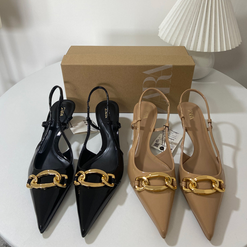 ZA New 2024 Summer Pointed Toe Stiletto Shallow Mouth High Heels Women's Back Empty Metal Back Strap Fashion Sandals Women's Trend ZA New 2024 Summer Pointed Toe Stiletto Shallow Mouth High Heels Women's Back Empty Metal Back Strap Fashion Sandals Women's Trend