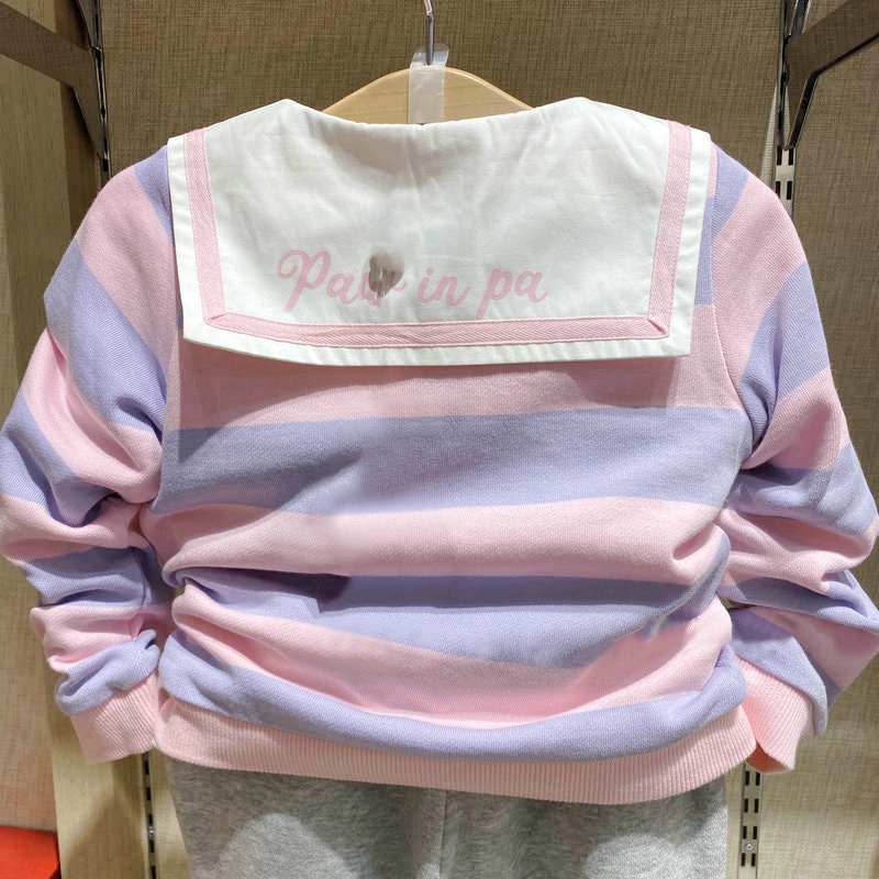 女童卫衣春秋款儿童秋装新款宽条纹卡通小熊刺绣海军领上衣|undefined