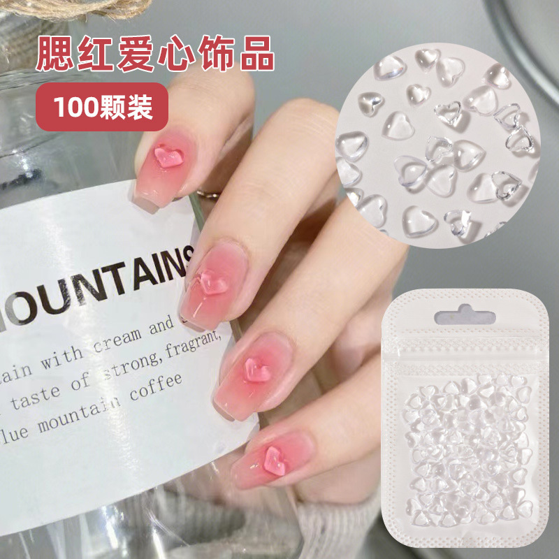 Nail art love jewelry Net red blush armor transparent flat bottom peach heart jewelry diamond three-dimensional love nail jewelry wholesale