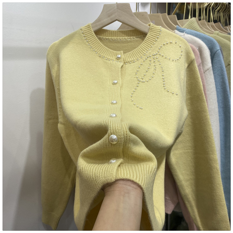 Women's Clothing Chic Embellished Bow Knit Cardigan For Women - Autumn Casual Long Sleeve Open Front Sweater (Blue, Yellow, Gray, Beige, Pink)​_voghion.com