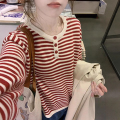 条纹yyds!巨显白日系撞色红条纹宽松慵懒风针织衫圆领打底上衣女