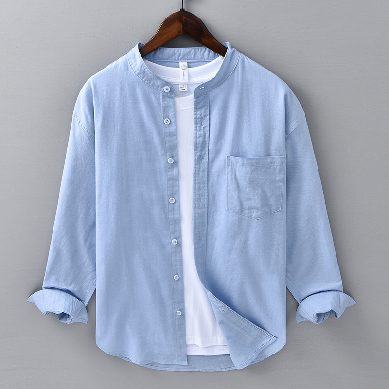 Spring and Summer Linen Long-sleeved Shirt Men's Casual All-match Vertical Collar Cotton and Linen Shirt Artistic Men's Chinese Style Top 202