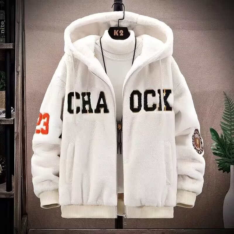(2개) 가을과 겨울 자켓 전국 조수 양고기 벨벳 두꺼운 따뜻한 자수 스웨트 셔츠 남자의 느슨한 지퍼 커플 후드 재킷