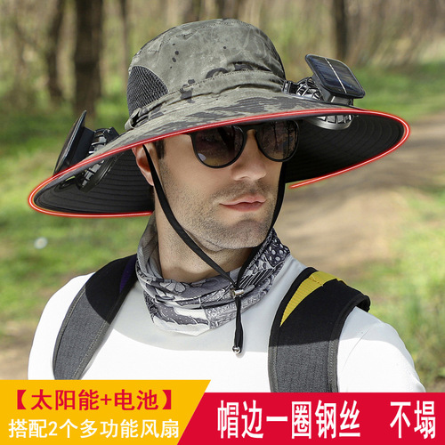 Solar-powered fan with built-in rechargeable battery, large wind capacity, steel brim, non-slumping edge, wide brim sun hat for men, summer use.