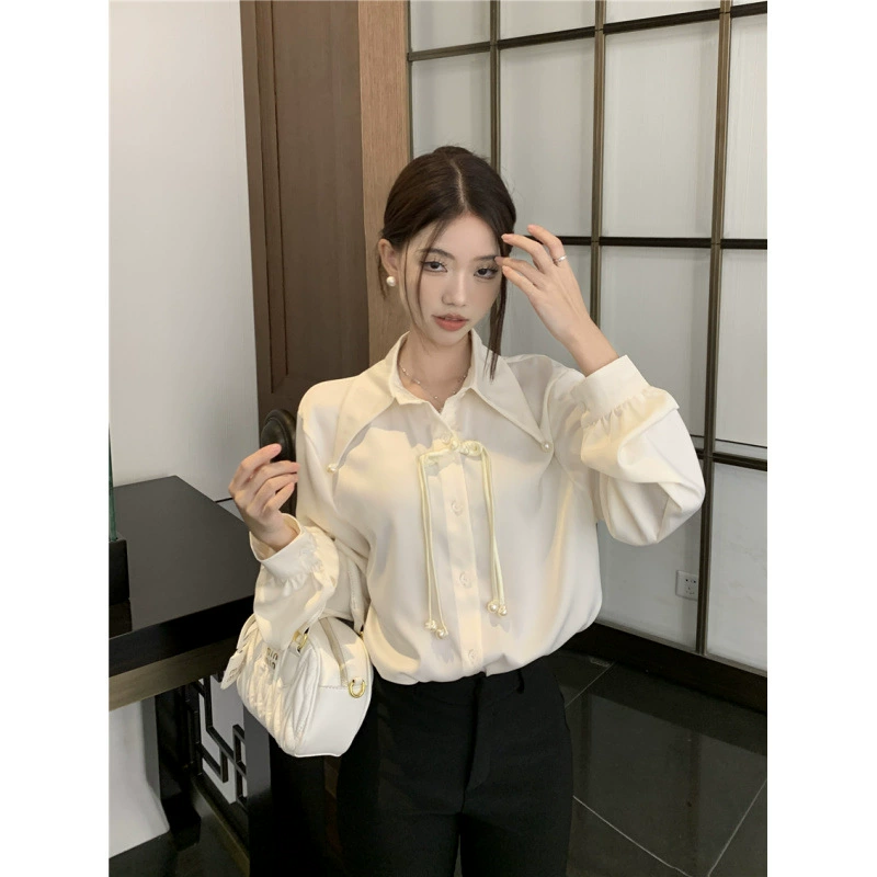 Реальный осенний наряд Новый национальный стиль жемчужный кулон рубашка с рукавами фонаря женский уникальный дизайн