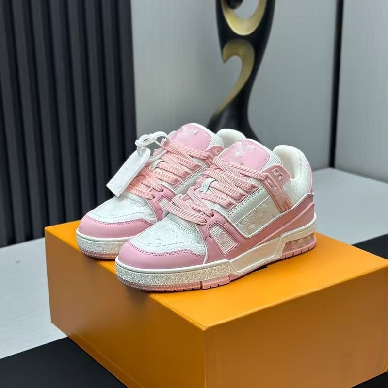 Louis Vuitton Trainer Grained Calf Leather Monogram Denim Pink White