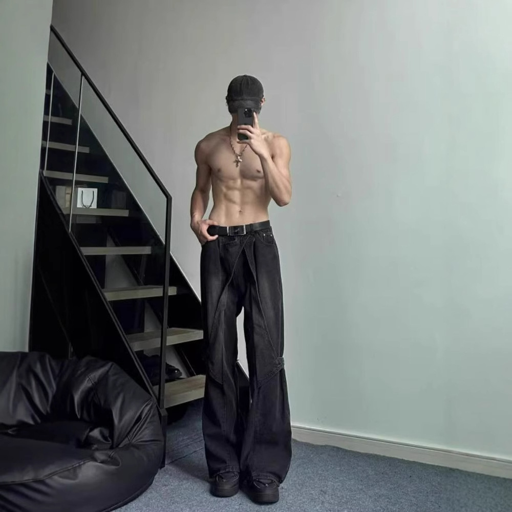 boy Black Cargo Jeans For Men, Design Sense Deconstructed Pants, European And American High Street Tall Flared Pants_voghion.com