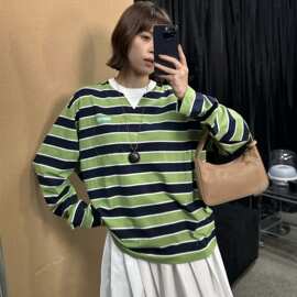 外贸跨境正确版本原标P家口袋饰织物条纹长袖T恤男女打底衫