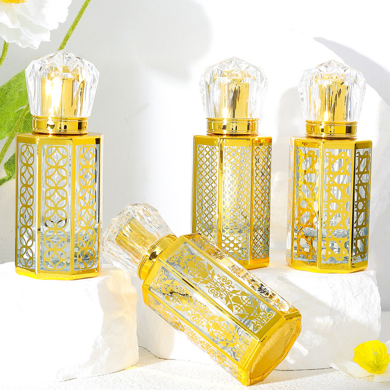 Botella de spray de perfume de 50ml oro galvanizado UV vidrio vacío botella de maquillaje