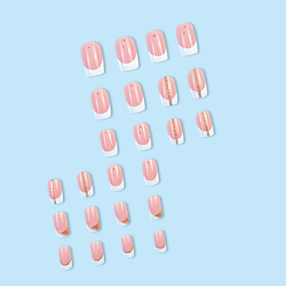 Comercio exterior mejor vendido polvo de oro platino brillante estilo francés manicure ligero lujo suave viento desgaste de uñas 24 piezas de parche de uñas