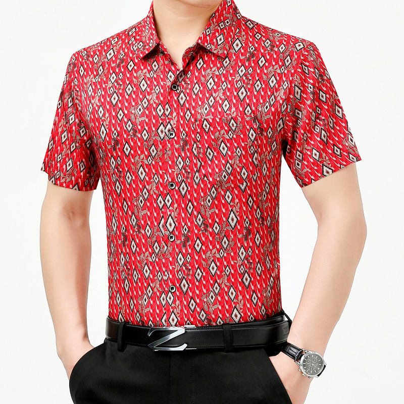 Printed Men's Shirt Short-Sleeved Beach Middle-Aged and Elderly Dad and Old Man High-End Shirt Casual Men's Clothing Hawaii Seaside