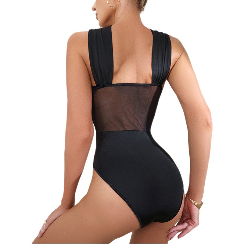 Body de malla transparente con aros para mujer, estilo halter, con aberturas, moldeador y ajustado, ideal para venta transfronteriza en Amazon.