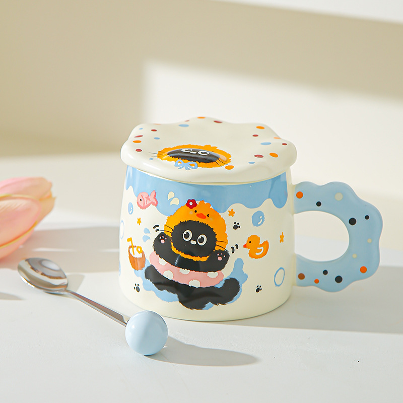 Con cubierta encantador conjunto de dibujos animados gato negro tazas de alto valor pareja tazas de cerámica tazas de agua marca regalo acompañante