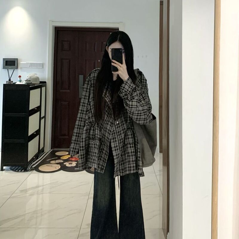 韩版宽松复古格子外套女2025春秋季新款慵懒风工装开衫上衣高级感|undefined
