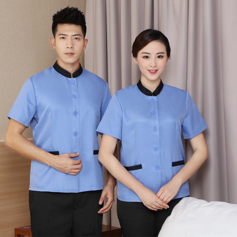 Unisex cleaning uniform, short-sleeved, summer style, for hotel, property management, guesthouse, catering, and housekeeping cleaning staff.