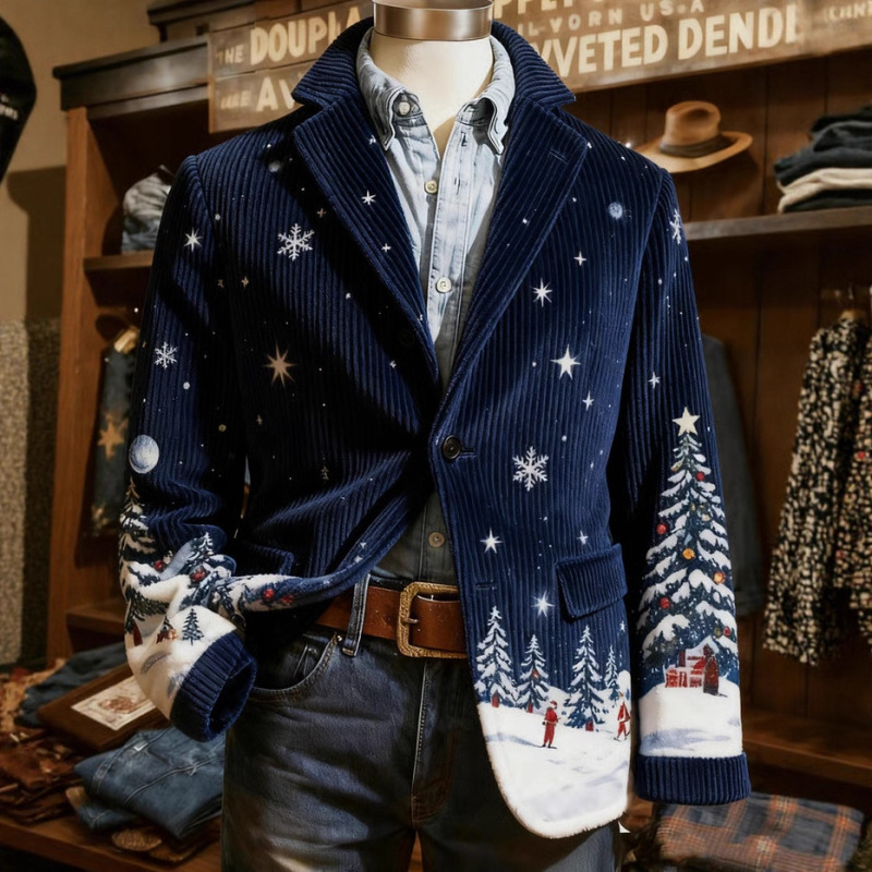 2025 Autumn and Winter New Men's 3D Printed Retro Christmas Series Casual Fashion Suit Lapel Jacket