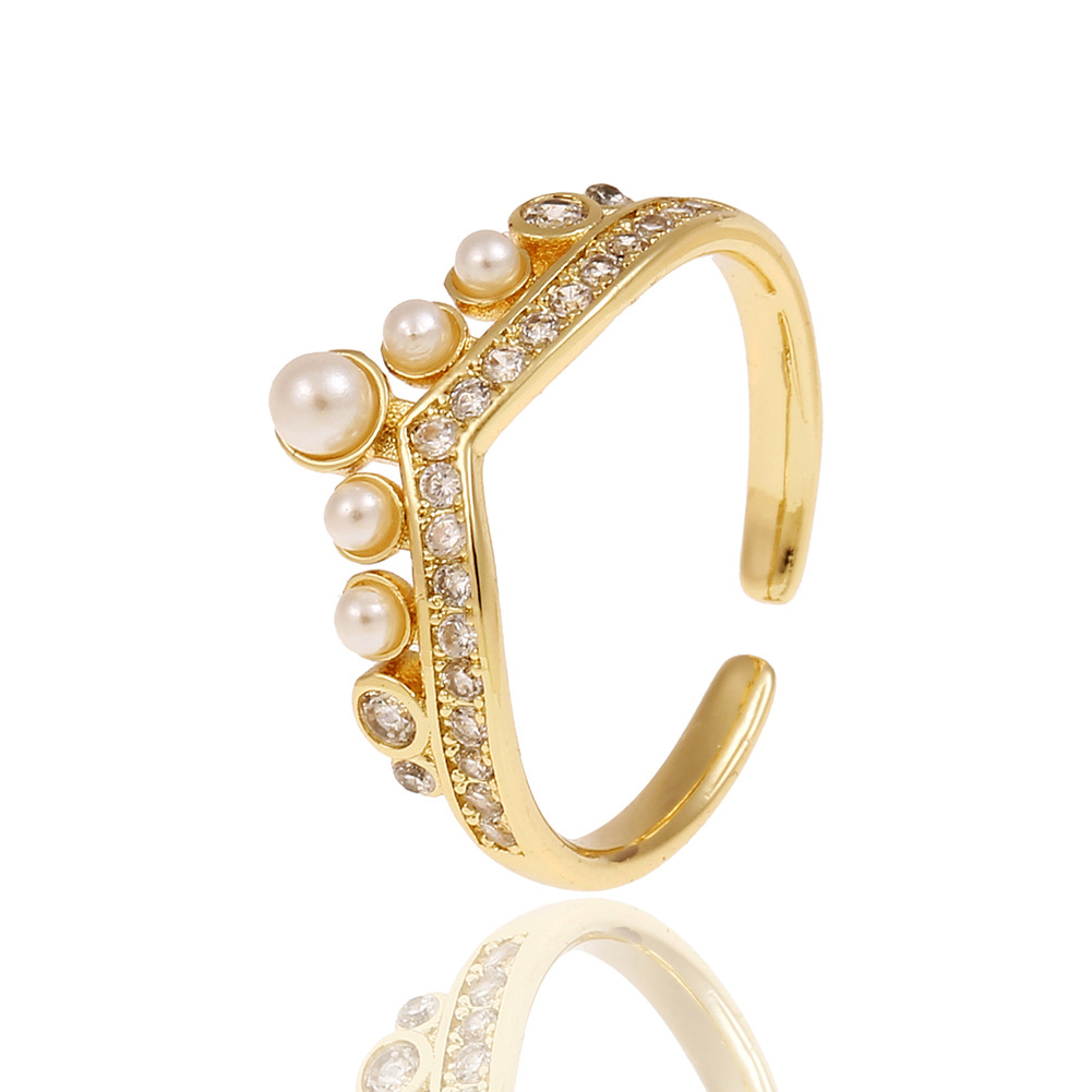 simple hand jewelry crown pearl copper micro-set zircon opening adjustable tail ring
