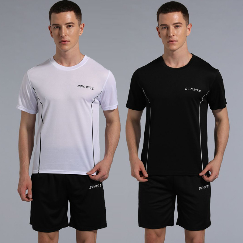 New men's short-sleeved T-shirt shorts set round neck fine mesh leisure fitness breathable sports home wear hair