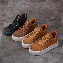 頭層牛皮秋冬新款軟底真皮復古高幫鞋厚底短靴系帶運動鞋休閒女