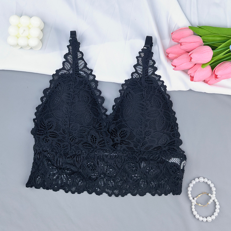 Bra de espalda francesa sexy de encaje de copa triangular envuelto en el pecho de la mujer sin marcas sin anillo de acero de la ropa interior del pecho