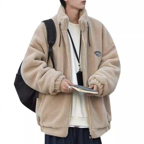Japanese-style city boy cotton-filled winter coat for men, padded and thick, Korean-style lamb wool outer jacket, loose and trendy, stand-up collar cotton puffer jacket