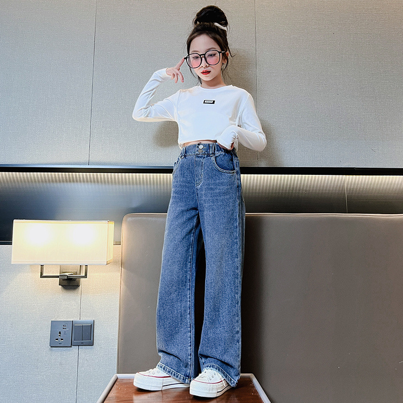 소녀 청바지 봄과 가을 2023 새로운 서양식 어린이 봄 넓은 다리 바지 소녀 봄 캐주얼 트렌디 바지