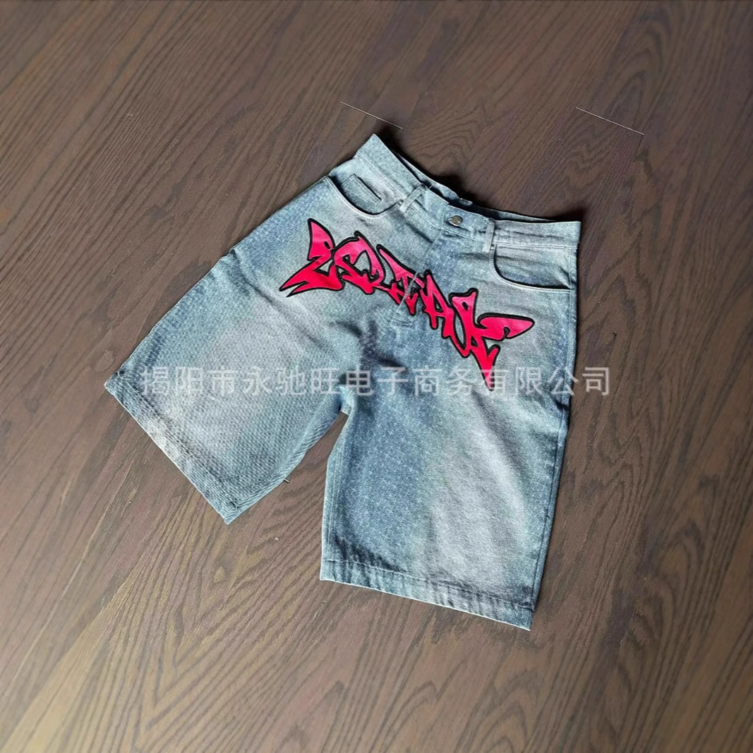 Тенденция личности модные буквы джинсы трансграничные прямые продажи летние новые джинсы свободные повседневные высокие уличные брюки мужчины