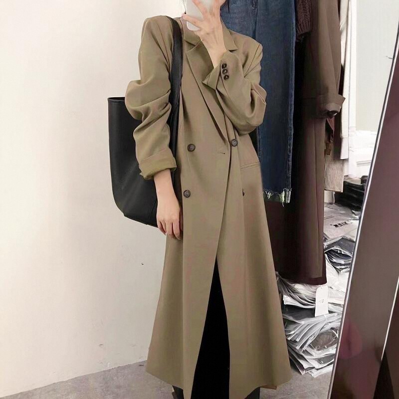 休闲微胖mm英伦复古宽松大码中长款西装过膝风衣外套女秋|undefined
