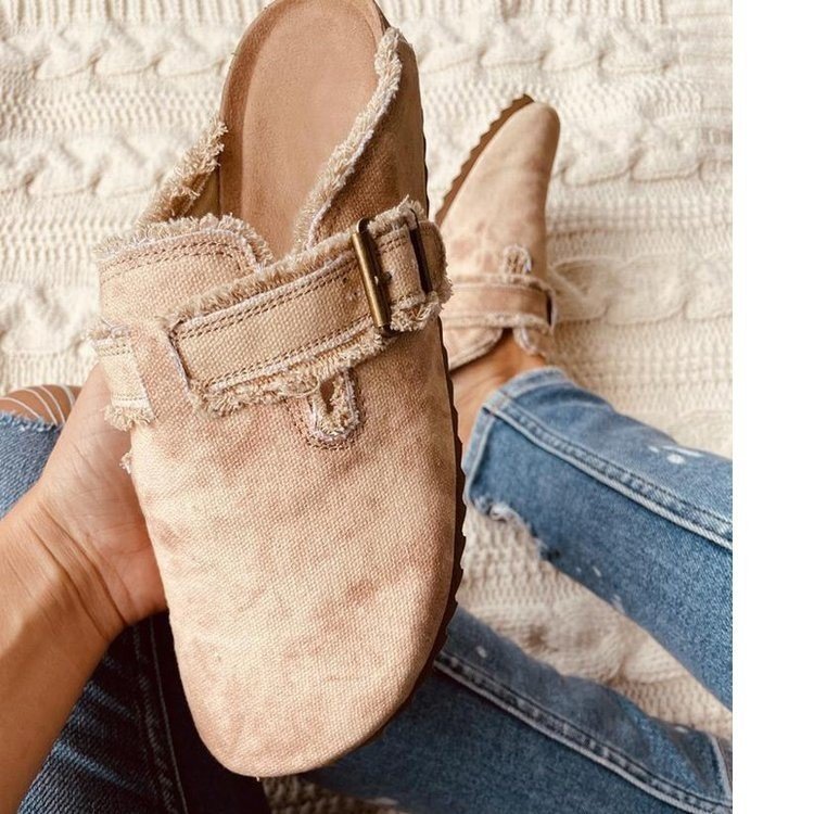 Scarpe mezze pantofole da donna estive nuove sandali con nappine a fondo piatto e testa rotonda indossati esternamente con cintura_voghion.com