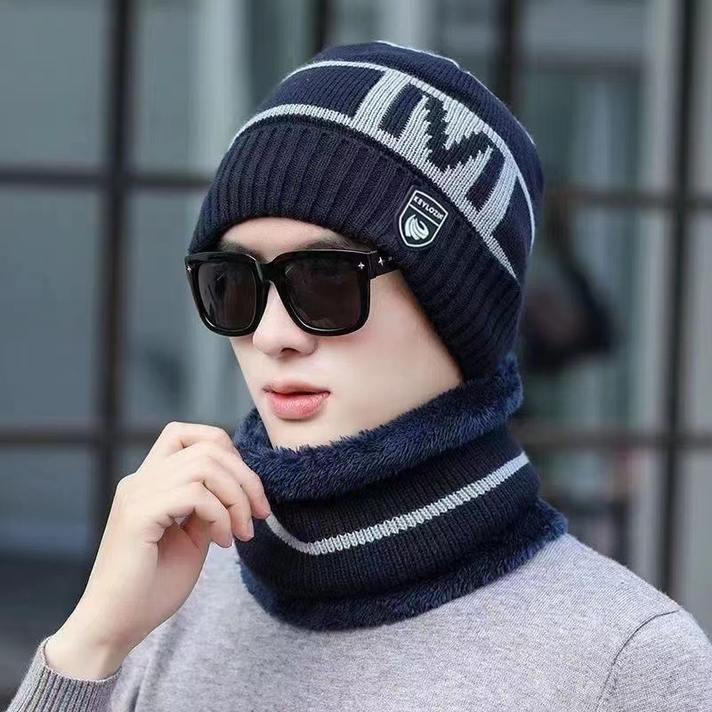 M套帽新款韩版帽子围脖两件套加厚针织帽冬天户外保暖帽男女通用