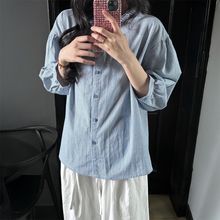 两件/套装韩版学院复古蓝色牛仔马甲外套女学生搭配长袖格纹衬衫