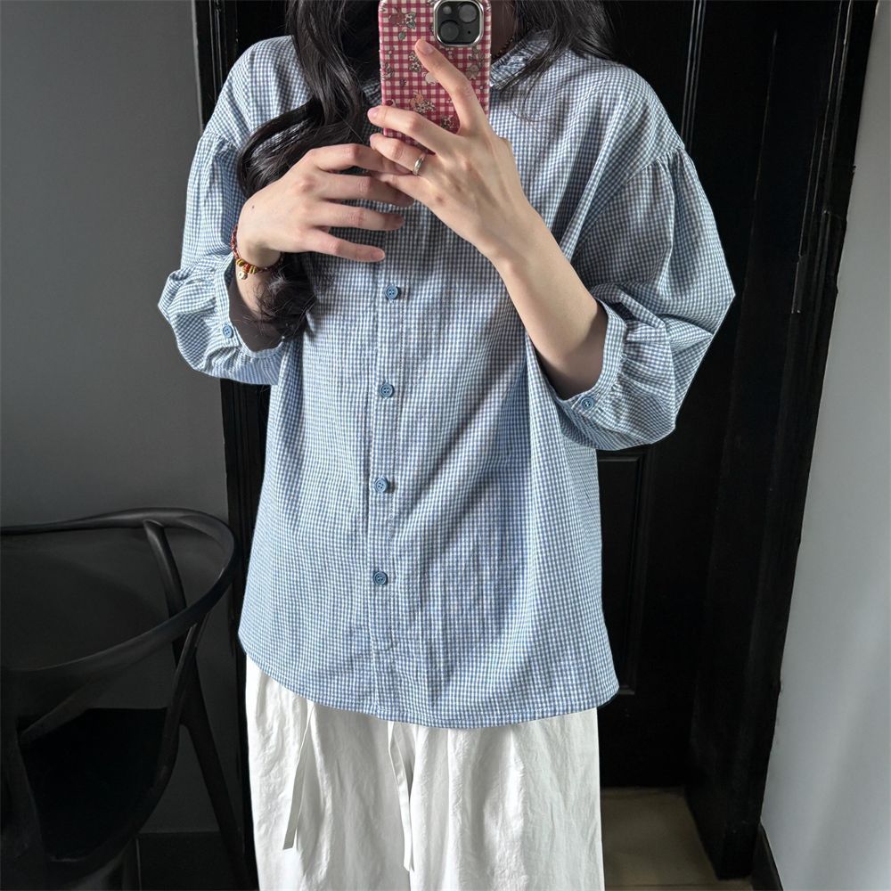 两件/套装韩版学院复古蓝色牛仔马甲外套女学生搭配长袖格纹衬衫